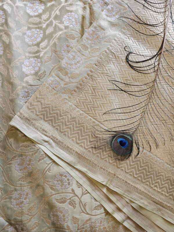 Pista Green Khaddi Silk Saree with Jangla Work and Gold Zari Border-1 Pista Green Khaddi Silk Banarasi Saree